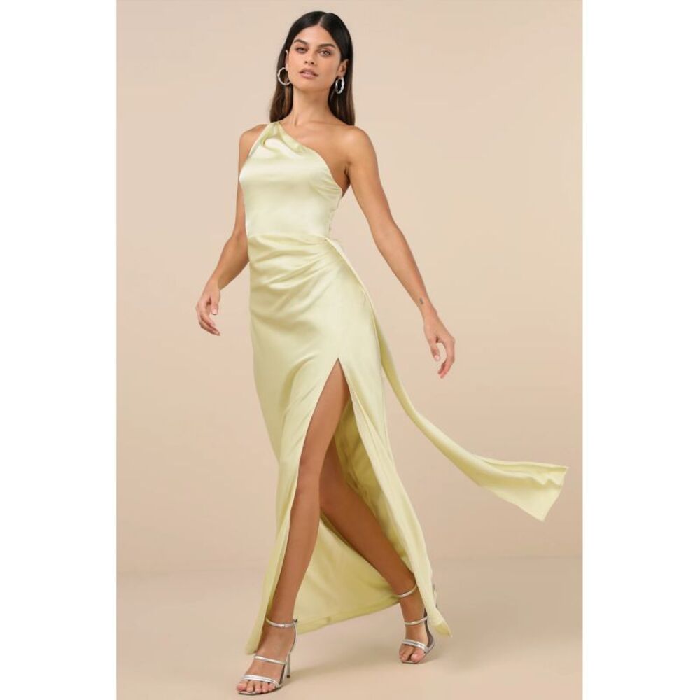 Lulu's Pale Lime One-Shoulder Satin Gown with High Slit